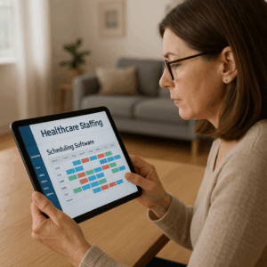 Home Health Scheduling Software: 4 Powerful Ways to Simplify Caregiver Shifts 1 Home care agency manager using scheduling software for staffing agencies to coordinate shifts