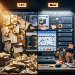 Staffing Agency Software: The Smart Path to Agency Growth and Peace of Mind 1 A split-screen graphic: The left side displays a chaotic stack of business cards and sticky notes labeled ‘CRM’; the right side features a calm, intuitive digital dashboard labeled ‘Staffing Agency Software.’ Alt text: Side-by-side comparison showing cluttered CRM workspace vs organized staffing agency software dashboard, highlighting improvements in workflow