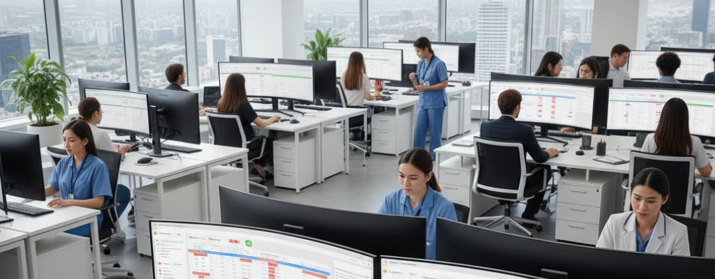 Best Healthcare Temp Agency Software 2 Busy office with healthcare professionals working.