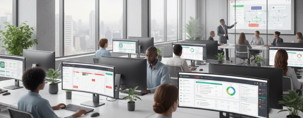 Best Healthcare Temp Agency Software 3 Modern office with multiple computer screens.