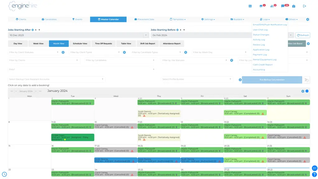 Enginehire master calendar and shift jobs.