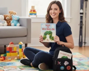 Caregiver Holding A Children’s Book In A Playroom